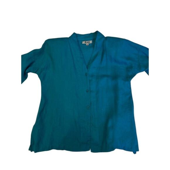 Vintage FLAX Jeanne Engelhart Emerald Linen 3/4 Sleeve Shoulder Pad Boho MEDIUM - Picture 9 of 12